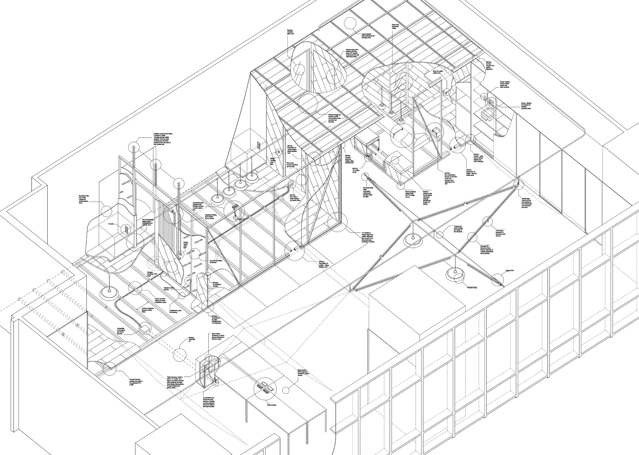 axonometric drawing of the bpo office renovation in shanghai by cometa architects showing the open plan, reused wood cassette and custom lighting network