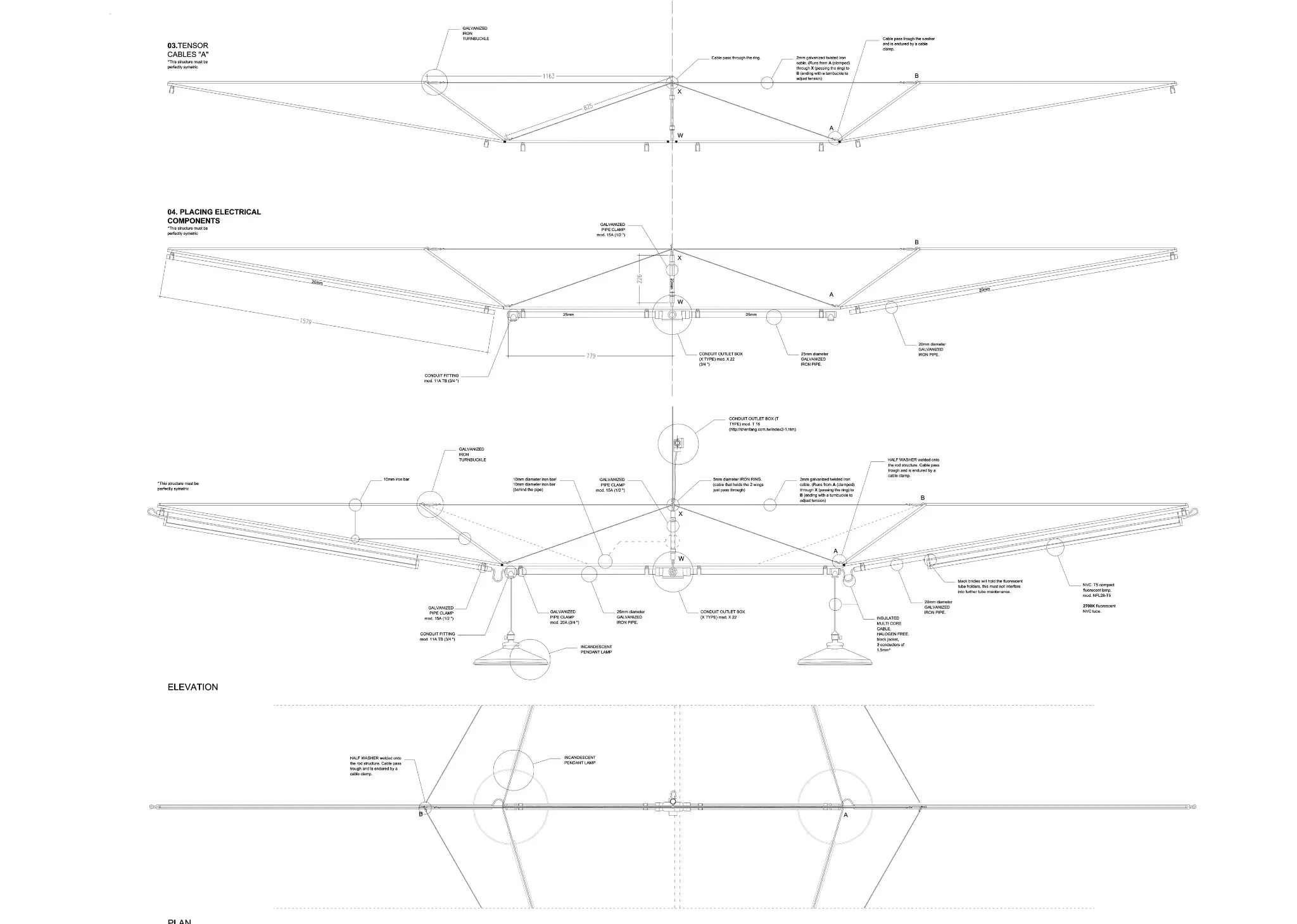 technical drawing of a custom suspended lighting system with tensor cables, galvanized steel joints, electrical components and ceiling anchors designed by cometa architects for the bpo office renovation in shanghai
