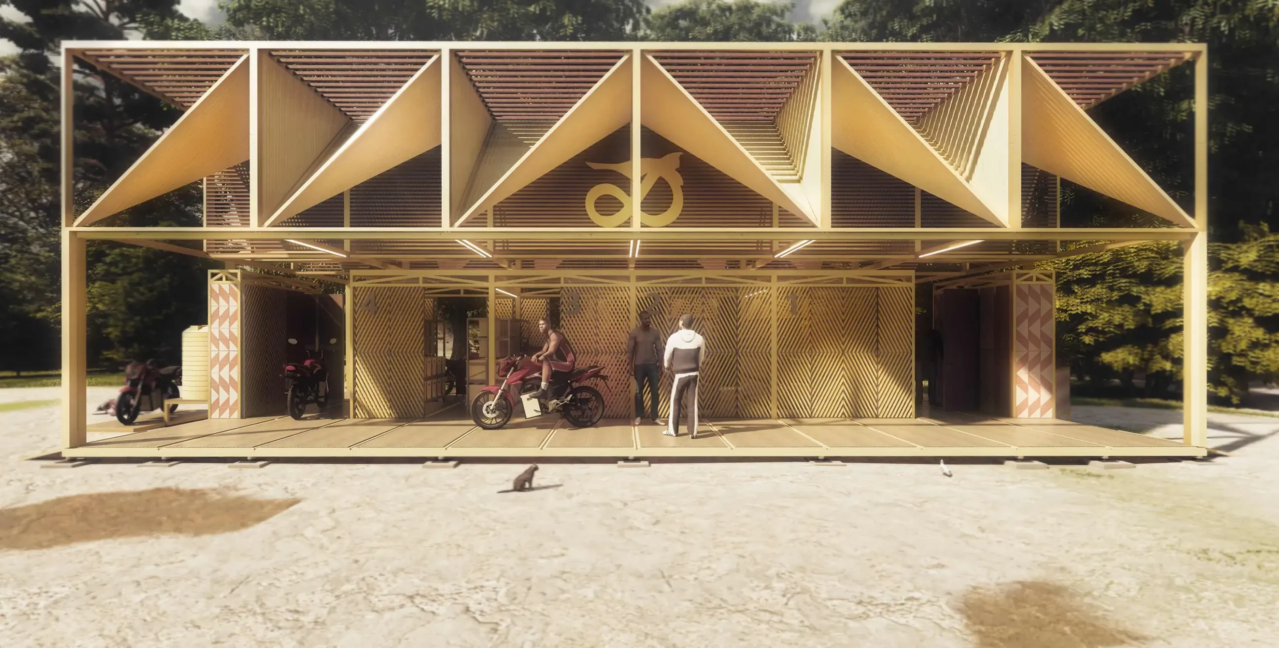 Architectural rendering of a four-module battery swap station designed by Cometa Architects for Ampersand.