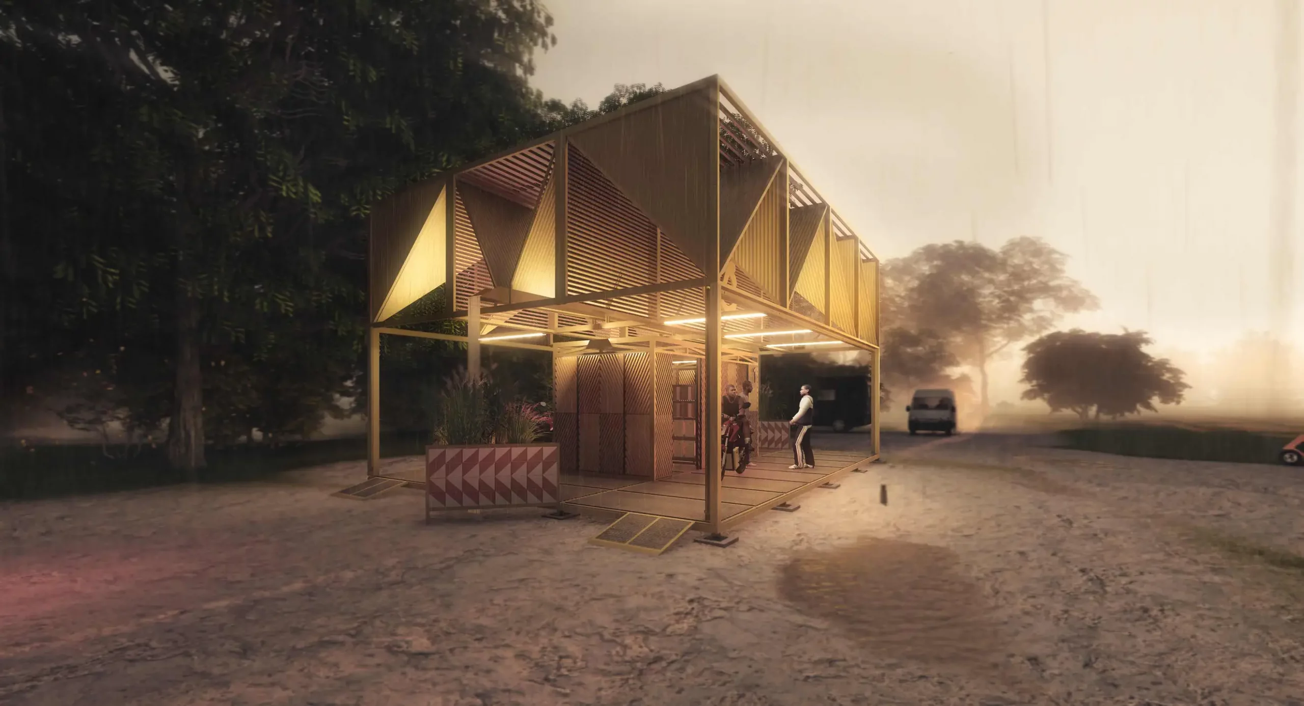 Architectural rendering of an illuminated modular battery swap station for electric motorcycles in Africa