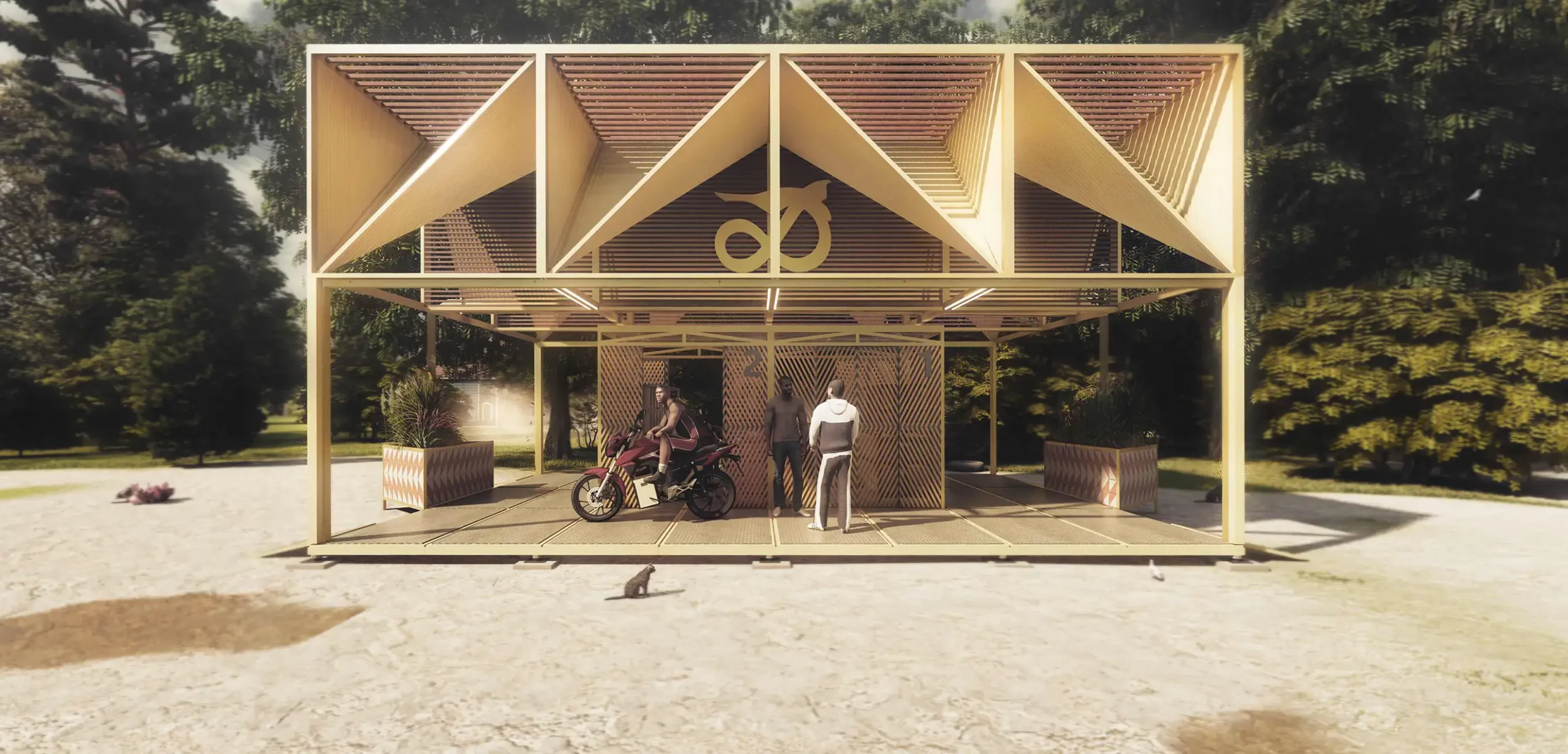 Architectural rendering of a four-module battery swap station designed by Cometa Architects for Ampersand.