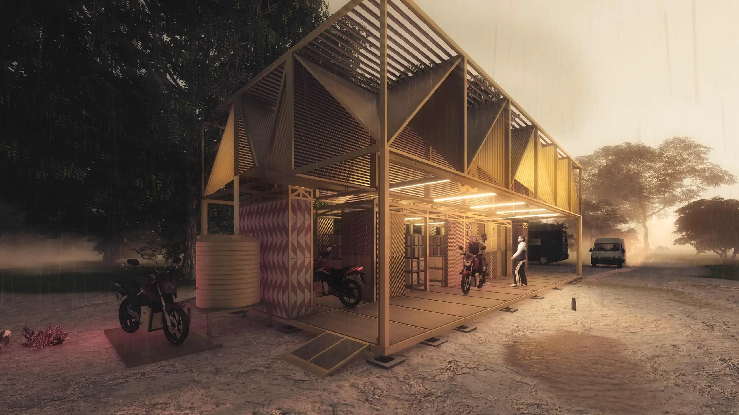 Architectural rendering of an illuminated modular battery swap station for electric motorcycles in Africa.