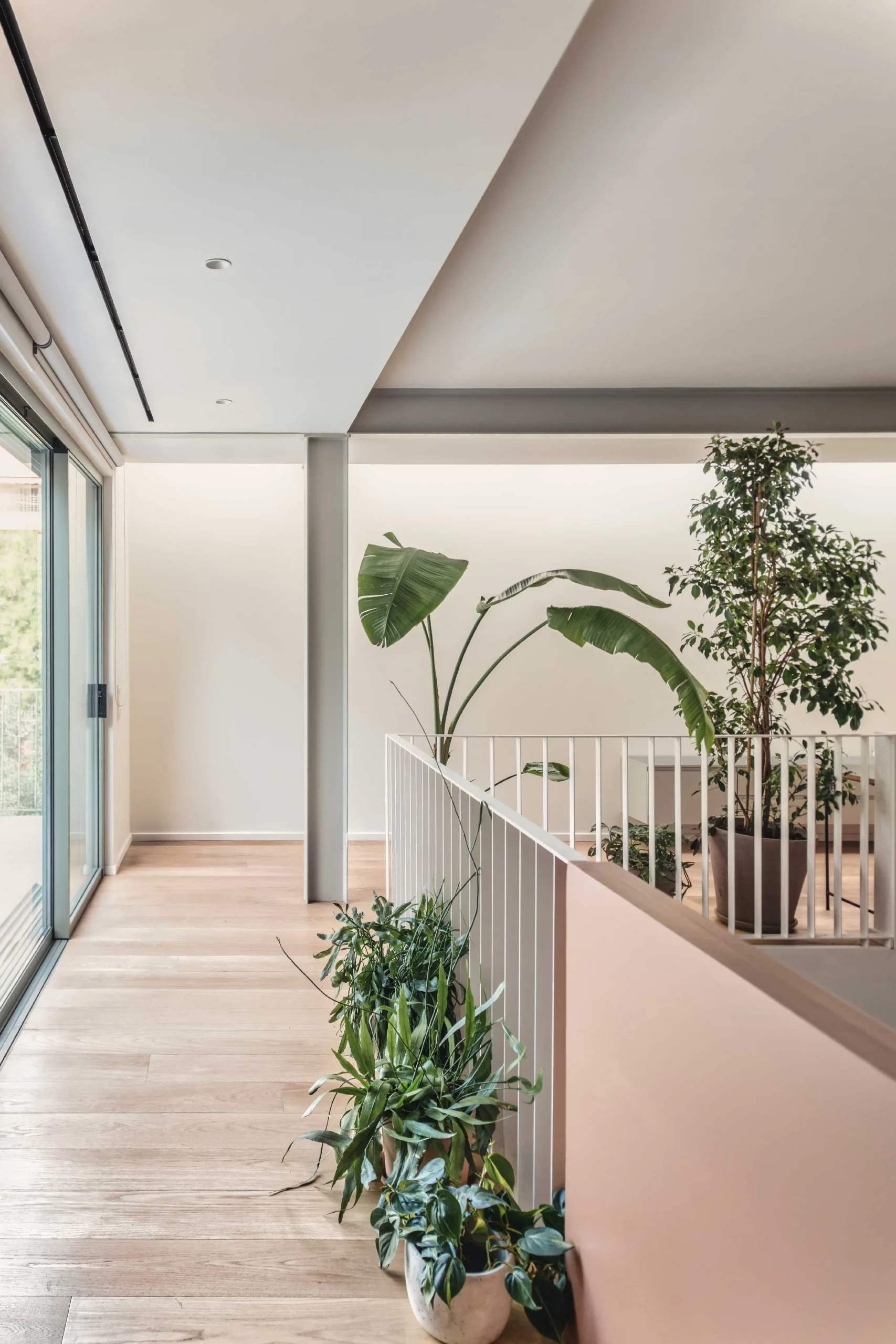 Upper floor of Casa D by Cometa Architects in Athens with wooden flooring, indoor plants, and soft natural light entering through large sliding windows.