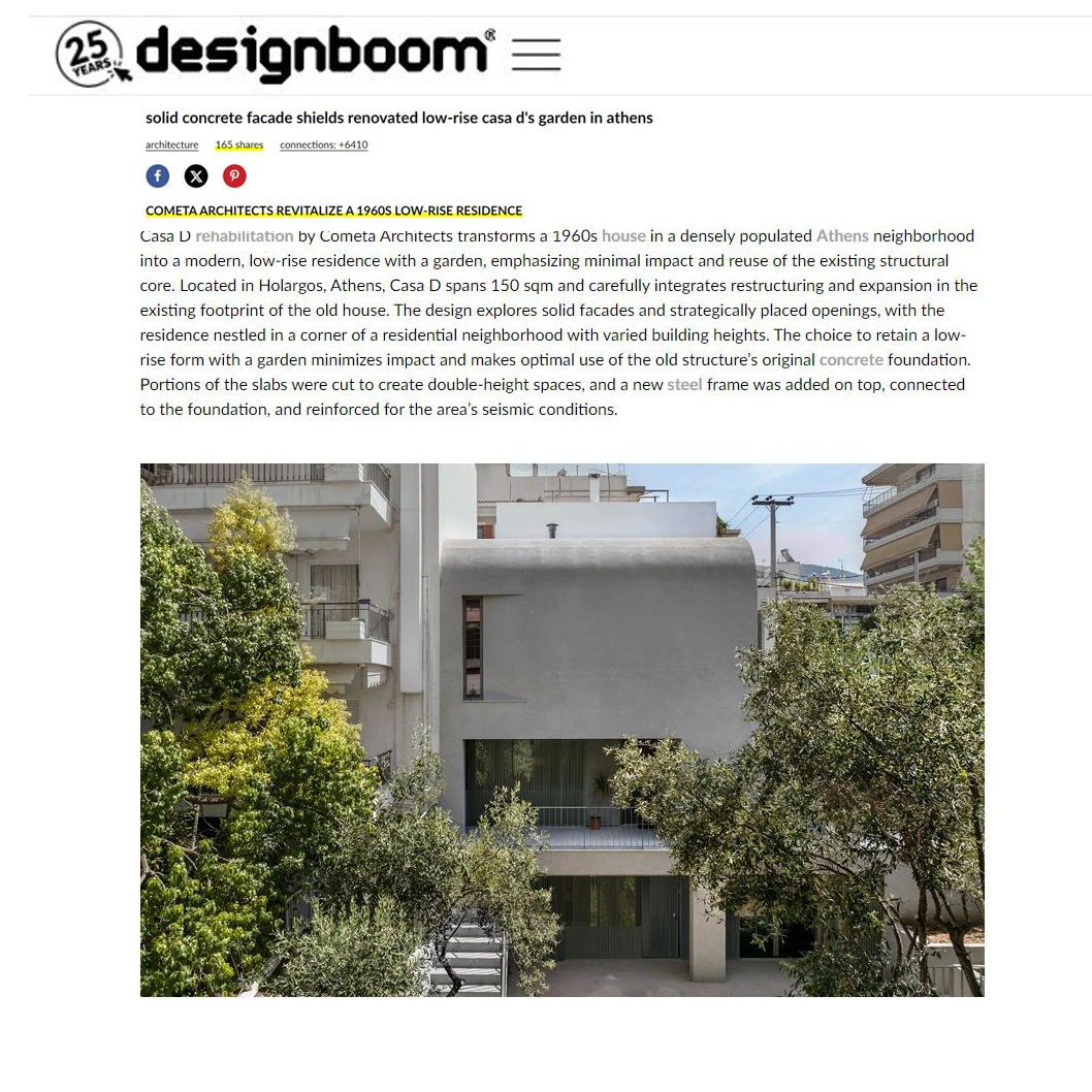Exterior view of Casa D by Cometa Architects, a renovated 1960s residence in Athens with a solid concrete façade, featured in Designboom