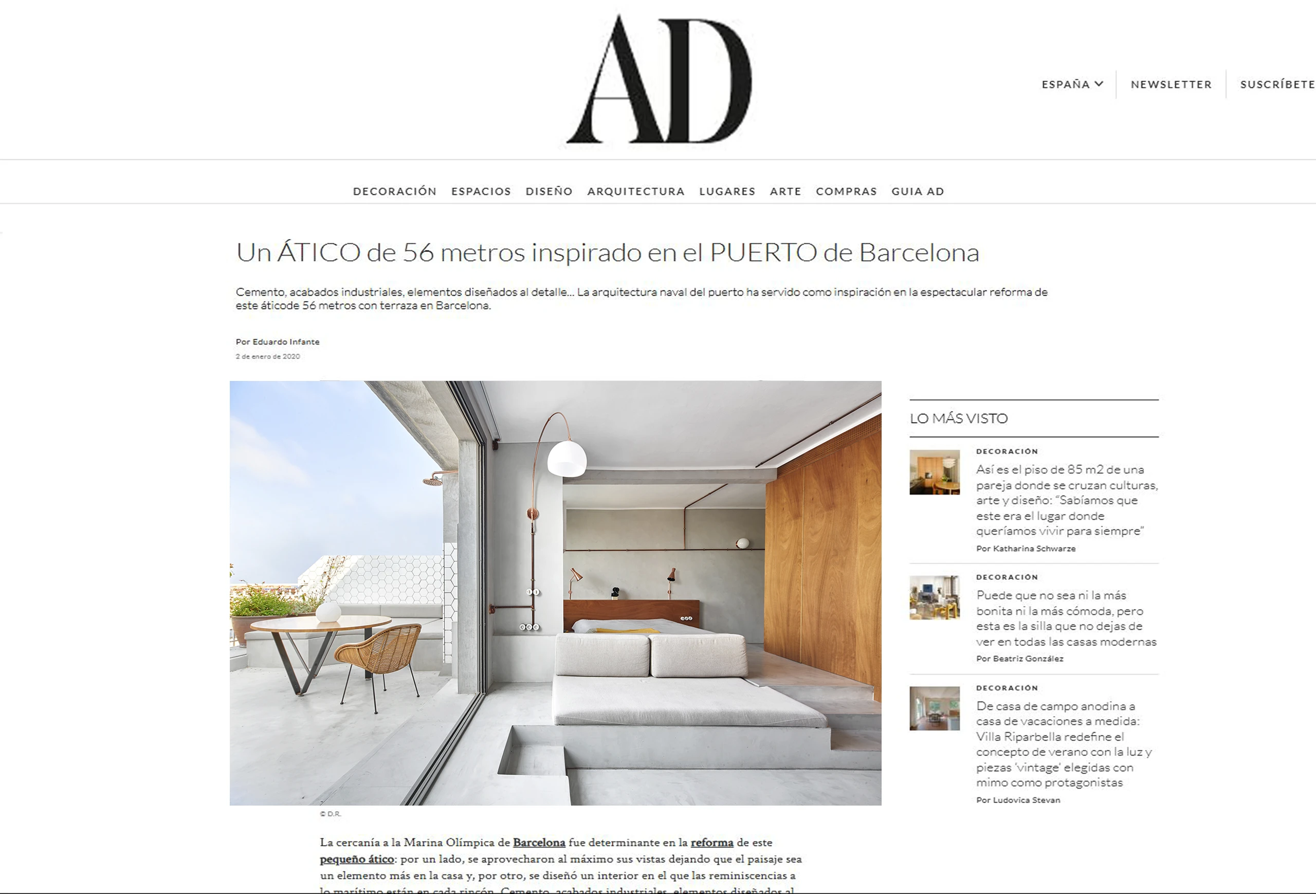 Marina Apartment by Cometa Architects in Architectural Digest España – minimal penthouse with copper piping, microcement and Mediterranean views in Barcelona