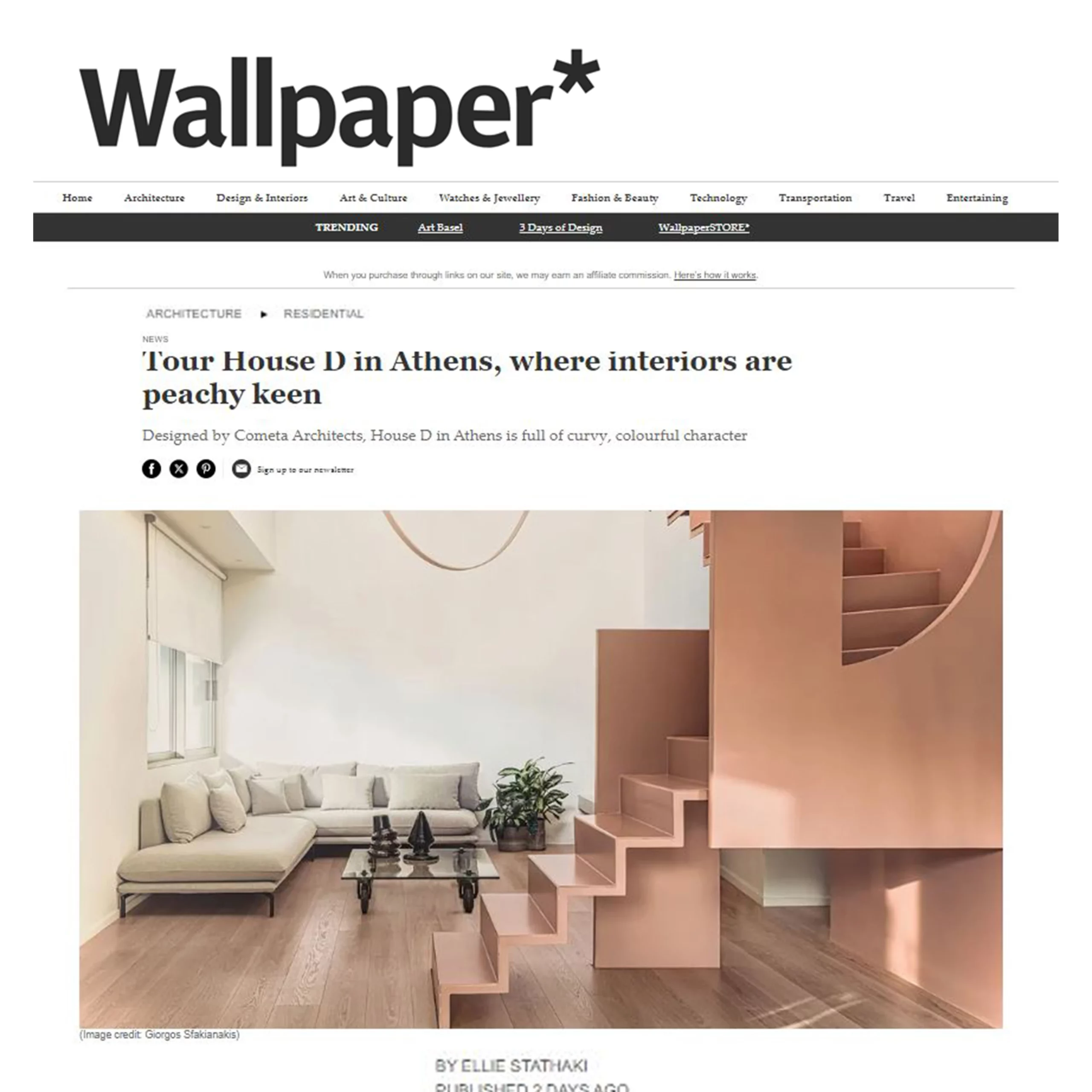 Interior of Casa D in Athens with peach-colored sculptural staircase, designed by Cometa Architects, featured in Wallpaper Magazine.