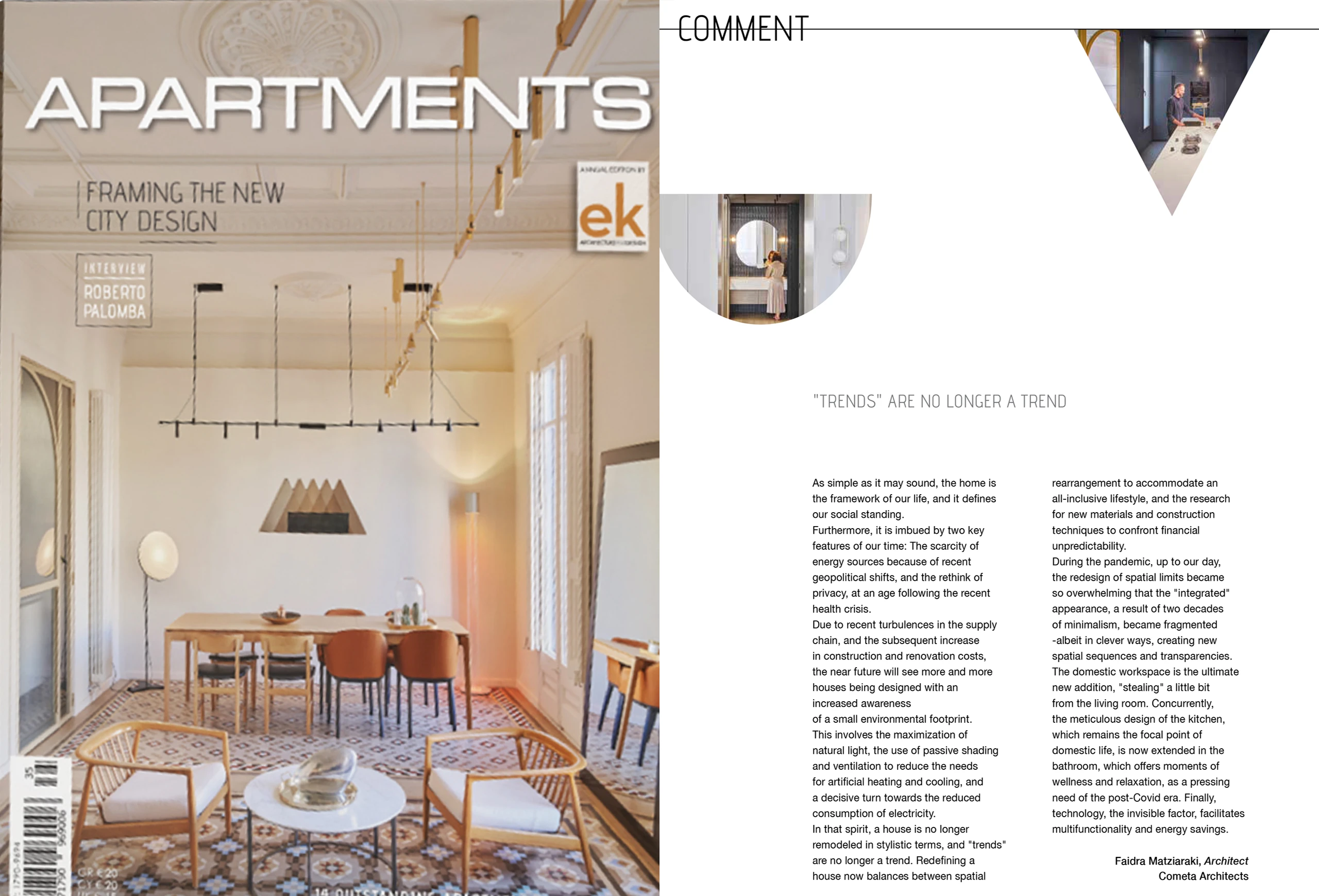 Bruc Apartment by Cometa Architects in EK Magazine – Barcelona renovation with restored mosaic floors, custom brass kitchen, and full-height doors