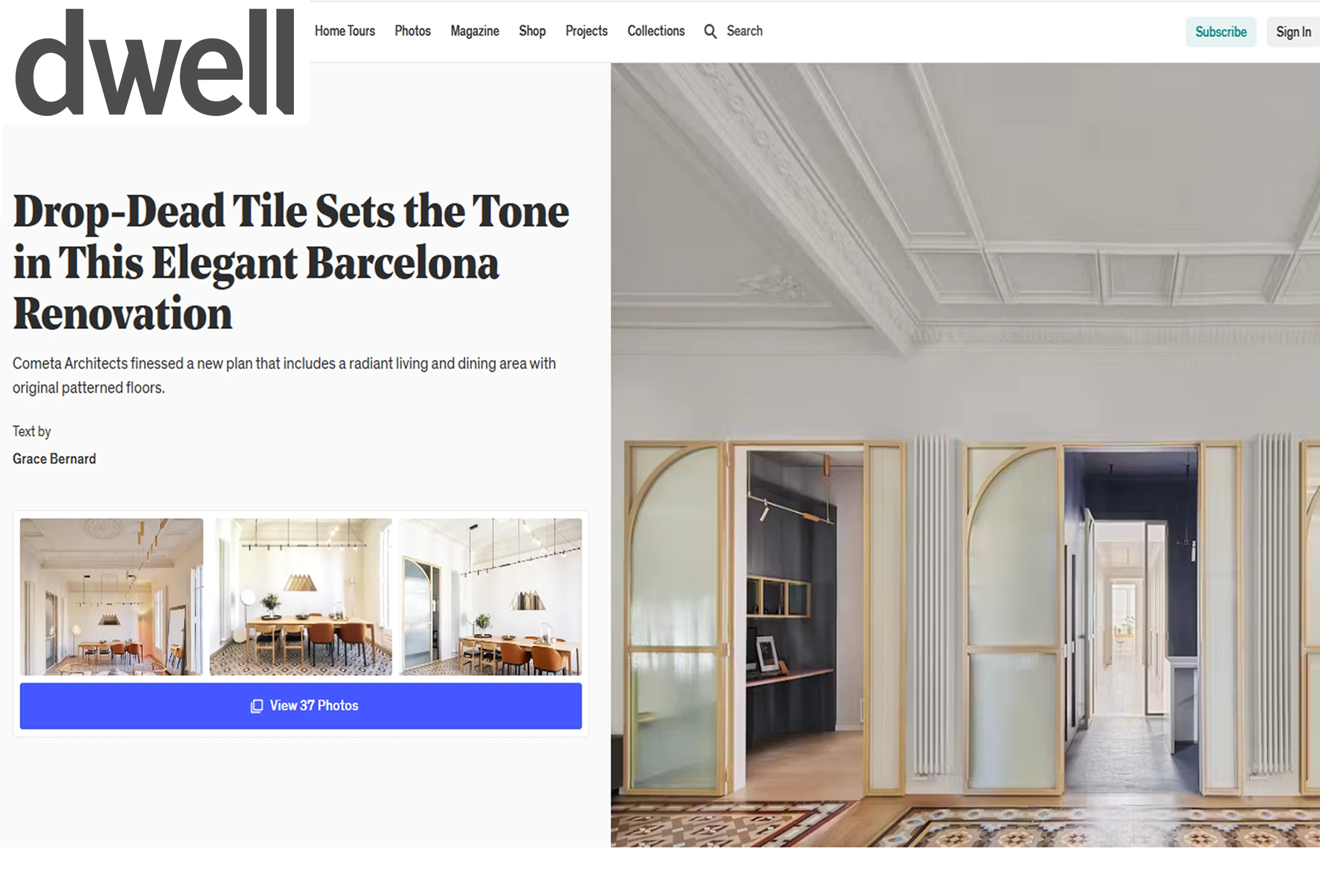 Interior of The Bruc Apartment in Barcelona by Cometa Architects, featuring restored hydraulic tiles, Catalan vaults, and modern minimalist furniture