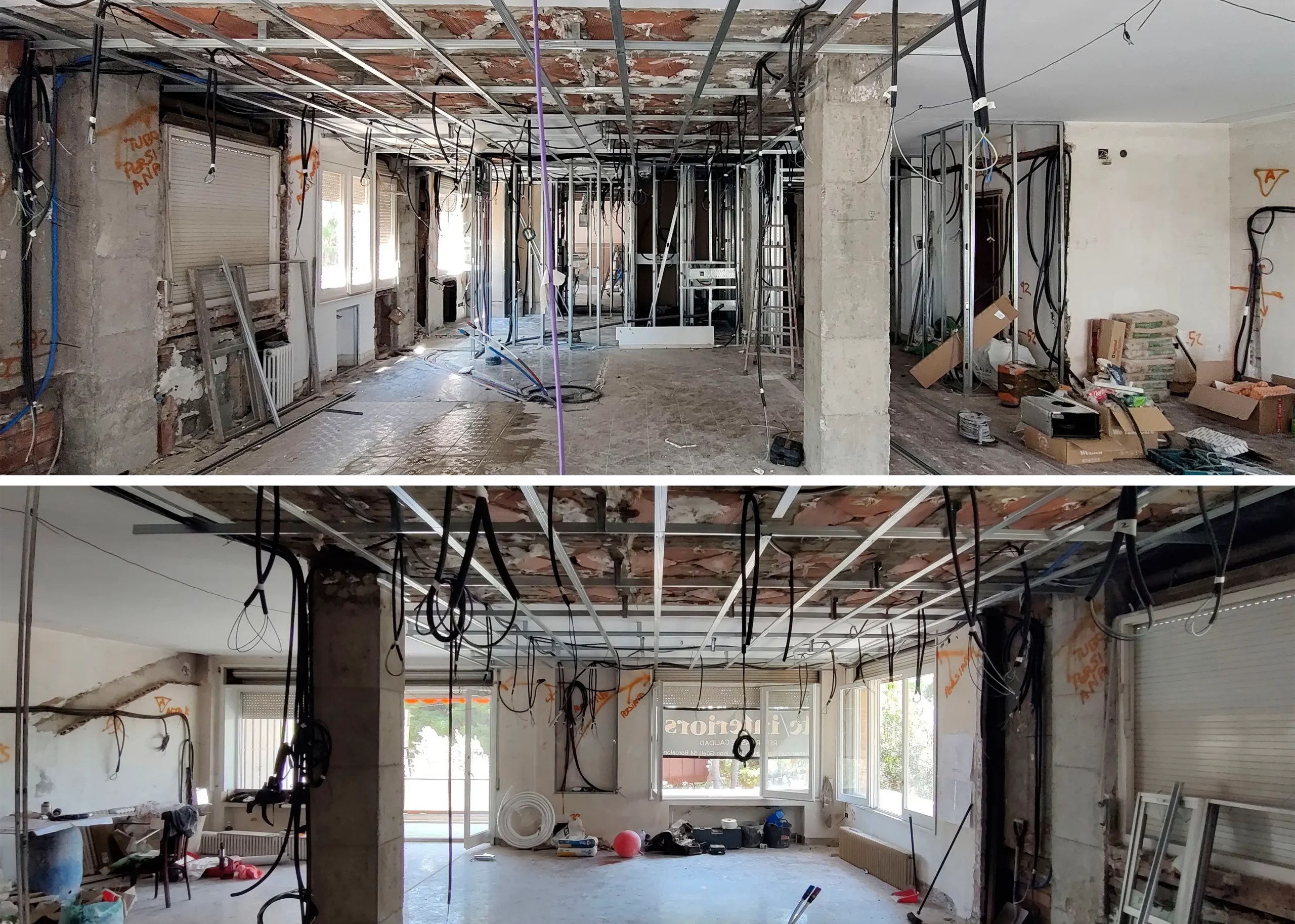 Construction phase of The Barros Project by Cometa Architects showing exposed concrete beams, wiring, and renovation work in progress inside a Barcelona apartment.