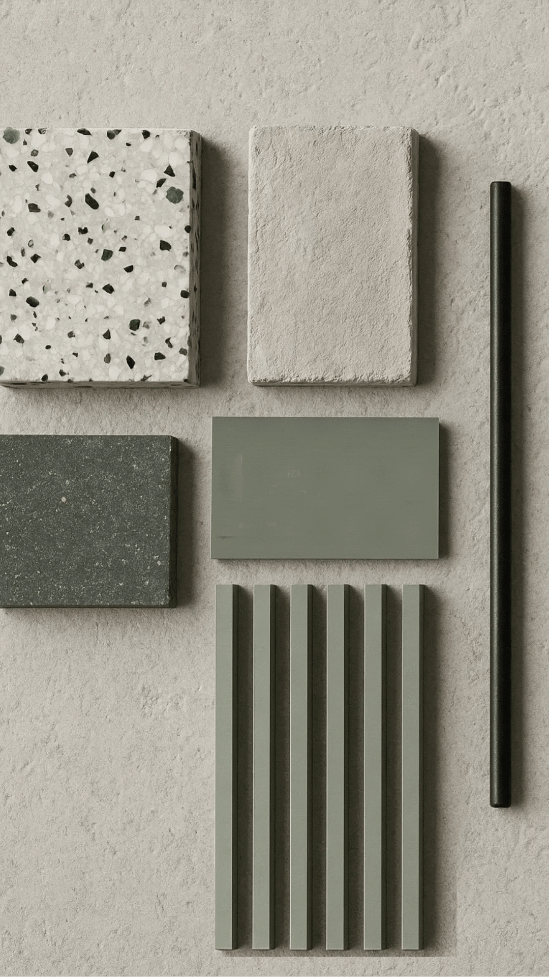 Animated moodboard showing the material palette of Casa D by Cometa Architects, including terrazzo, textured plaster, and soft green lacquered finishes.