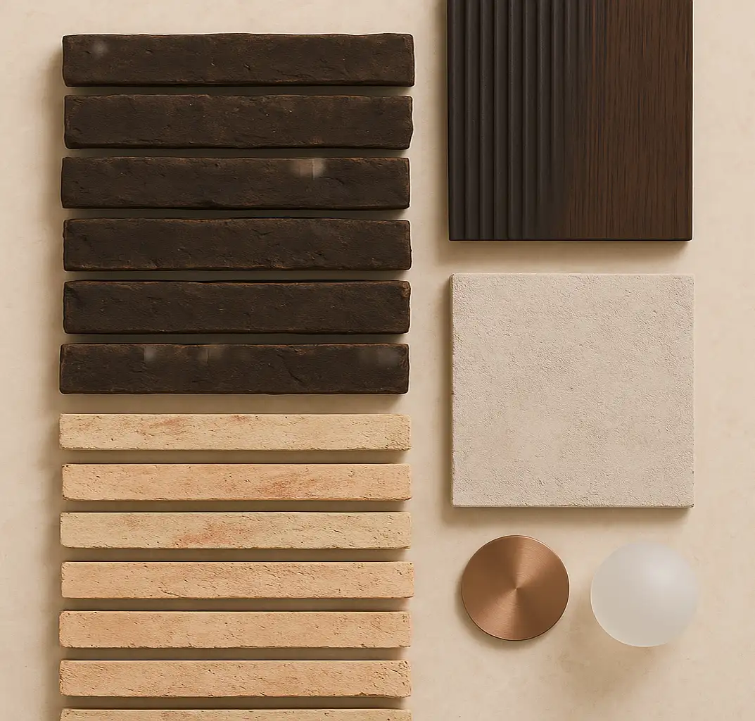 Material moodboard with dark and light clay bricks, stone tile, bronze disc, frosted glass sphere, and dark wood panel by Cometa Architects for The Barros Project.