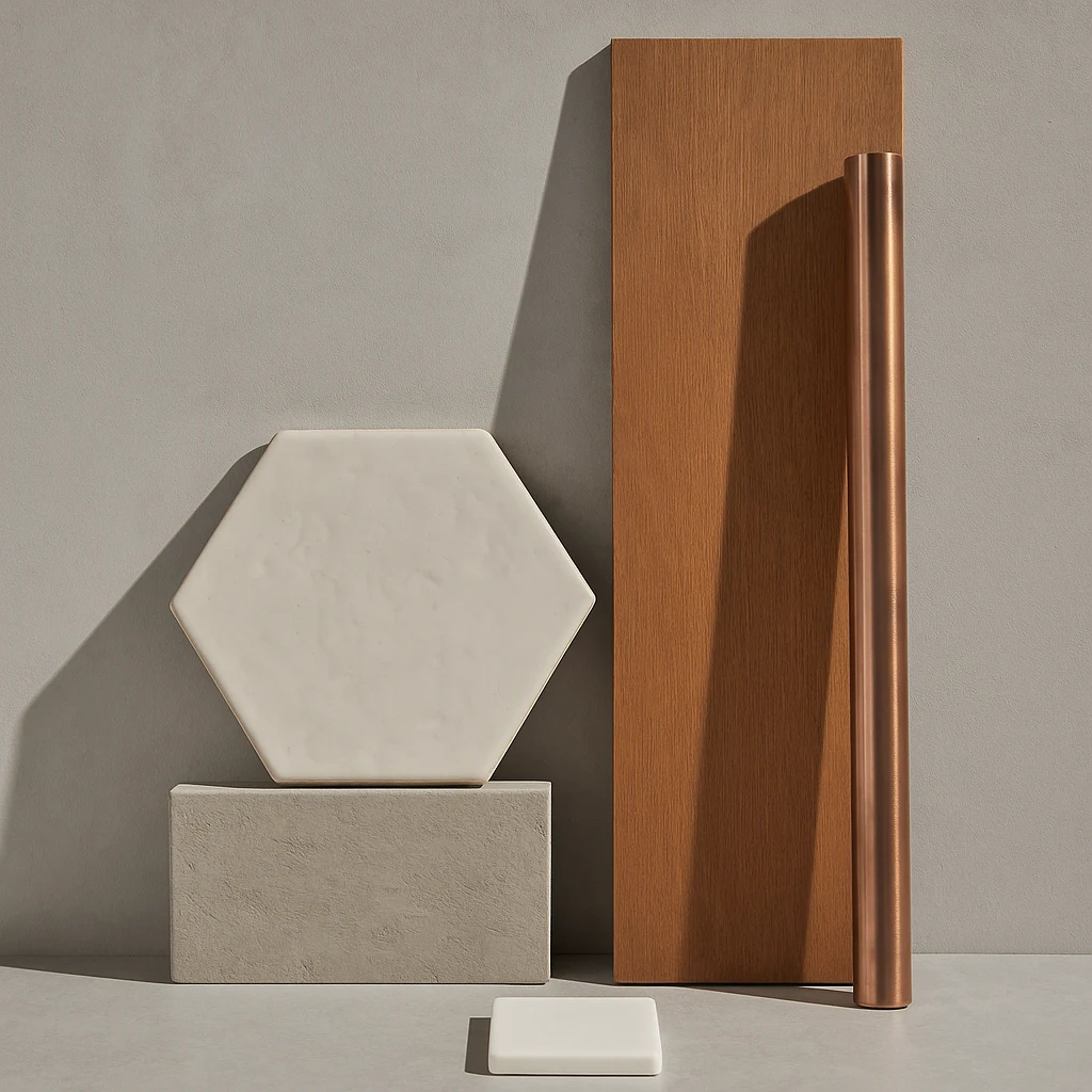 Photorealistic material moodboard featuring Okume wood, copper tube, white Corian sample, microcement block, and hexagonal hand-enameled tile, designed by Cometa Architects.