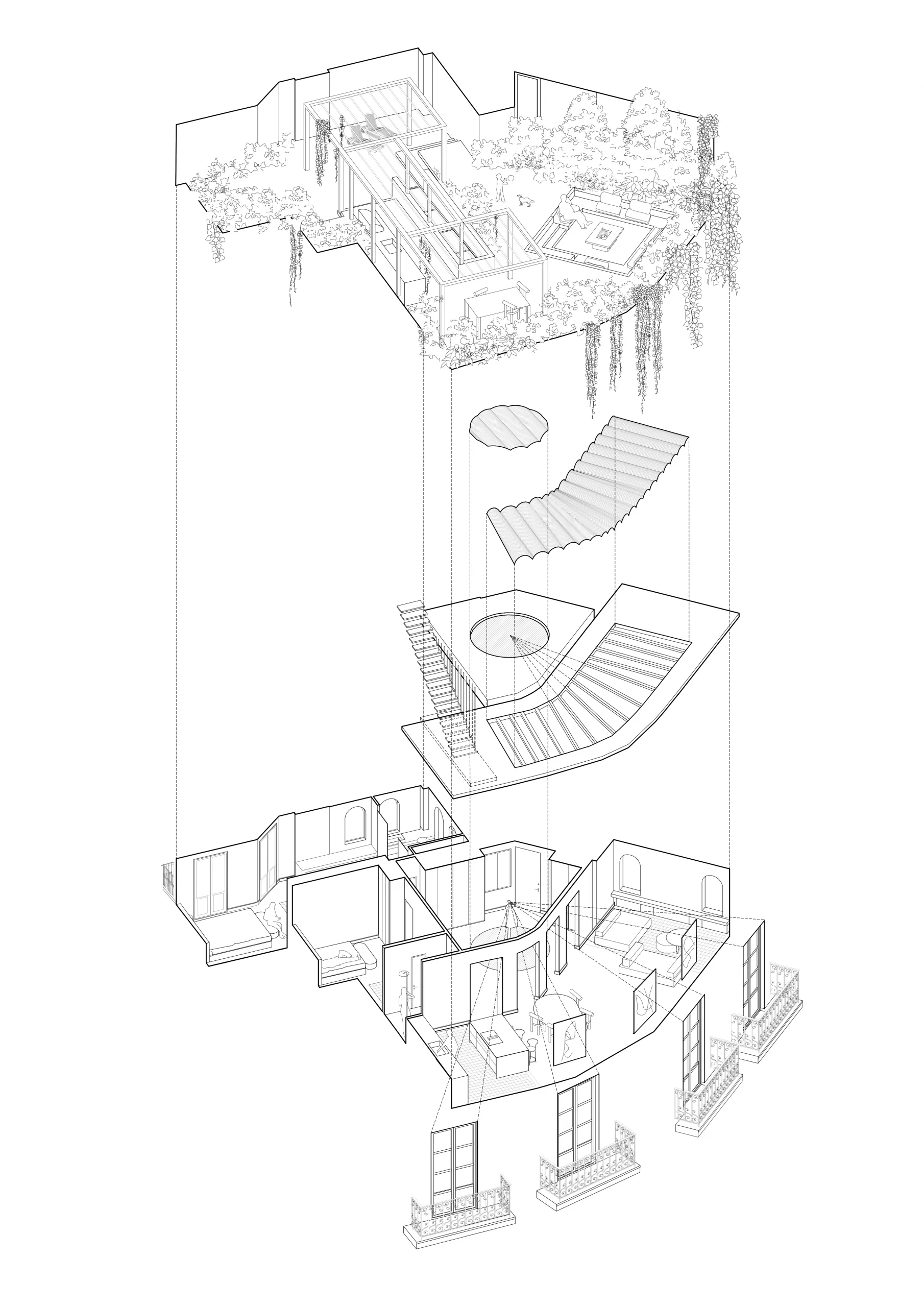 Axonometric architectural drawing of Éventail Apartment renovation in Barcelona by Cometa Architects, showing the exploded structure with roof terrace, stair core, and interior levels.