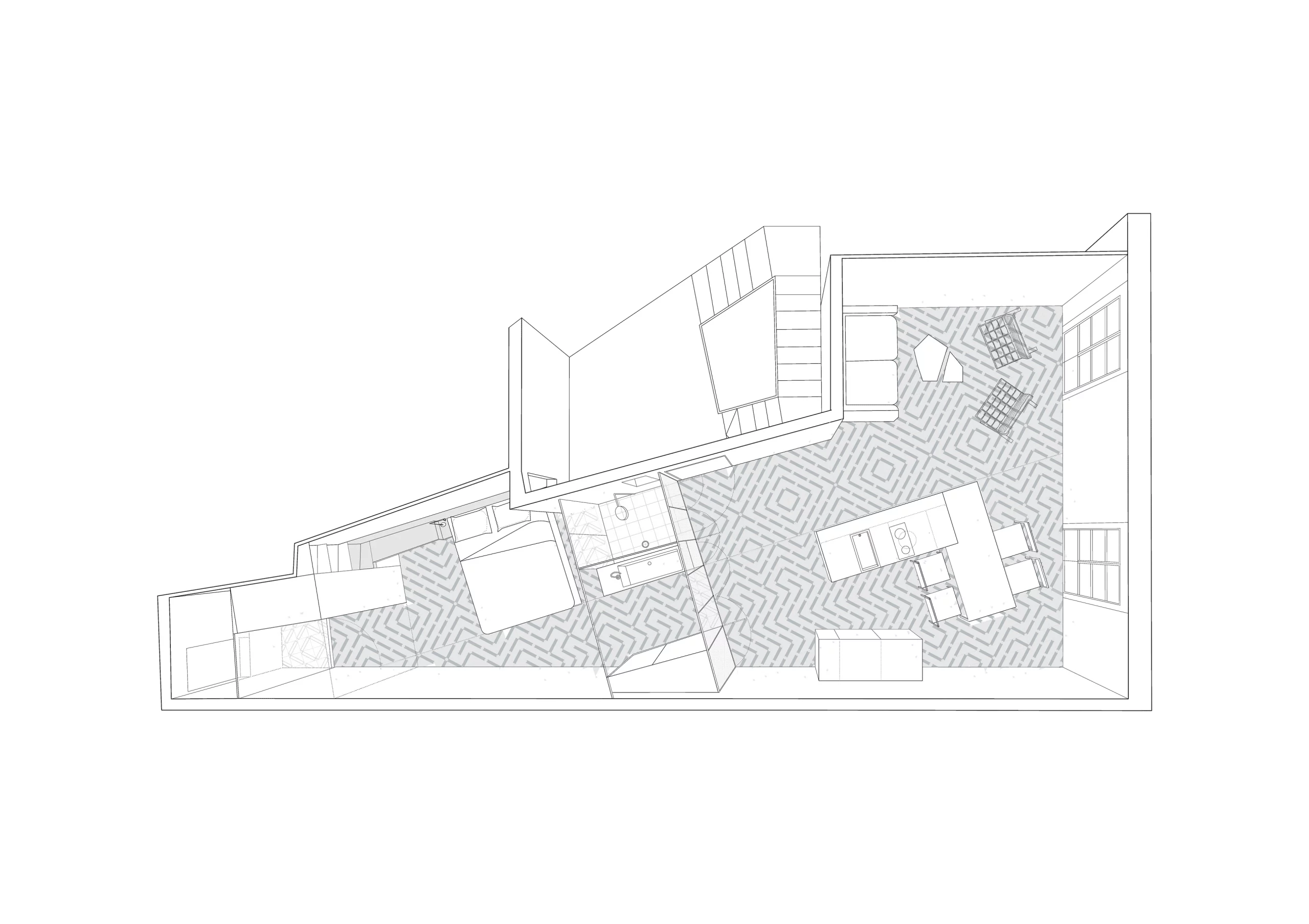 Bathroom and kitchen aligned along the main axis with mirrored wall and patterned hydraulic tiles in The Lightslice apartment by Cometa Architects