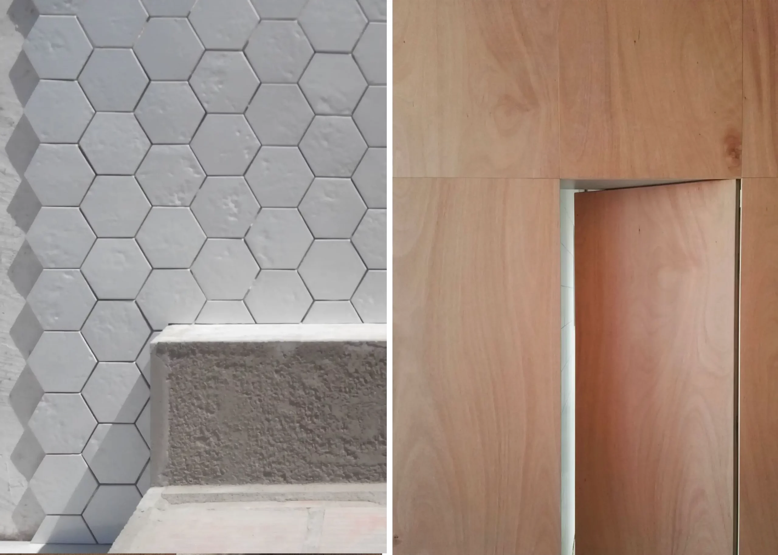 Construction process showing handmade hexagonal white tiles and plywood wall installation by Cometa Architects in Marina Apartment, Barcelona