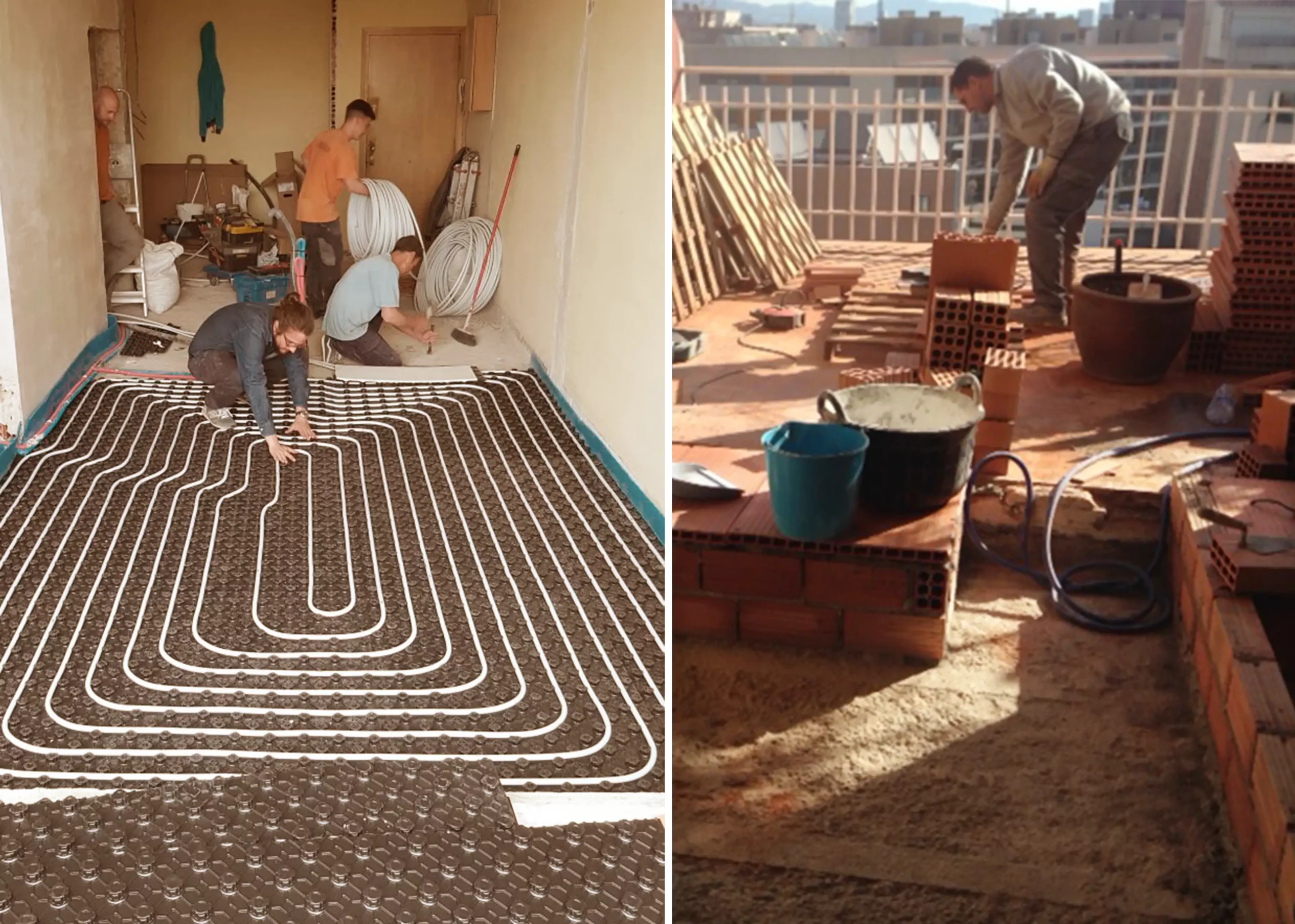 Installation of radiant underfloor heating and brickwork on terrace during construction of Marina Apartment by Cometa Architects in Barcelona