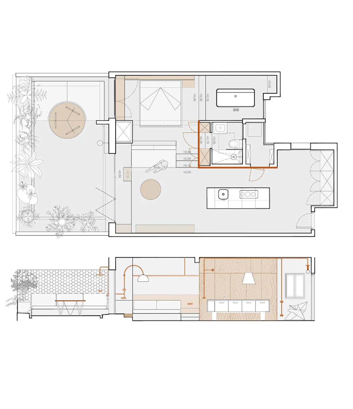 Architectural plan drawing of Marina Apartment renovation in Barcelona by Cometa Architects, showing bedroom, bathroom, kitchen, and terrace layout.