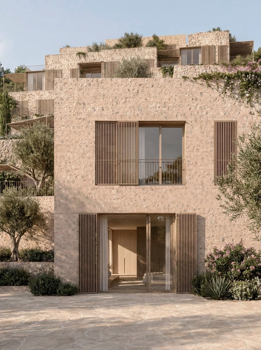 Front view of a Salt d’Aigua villa by COMETA Architects, featuring a reused local stone façade, full-height timber shutters, Mediterranean planting and stepped hillside residences in Port d’Andratx, Mallorca.