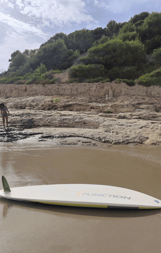Rocky Mediterranean shoreline and pine-covered hillside at the Salt d’Aigua site in Port d’Andratx, Mallorca, with a paddleboard floating in the foreground.