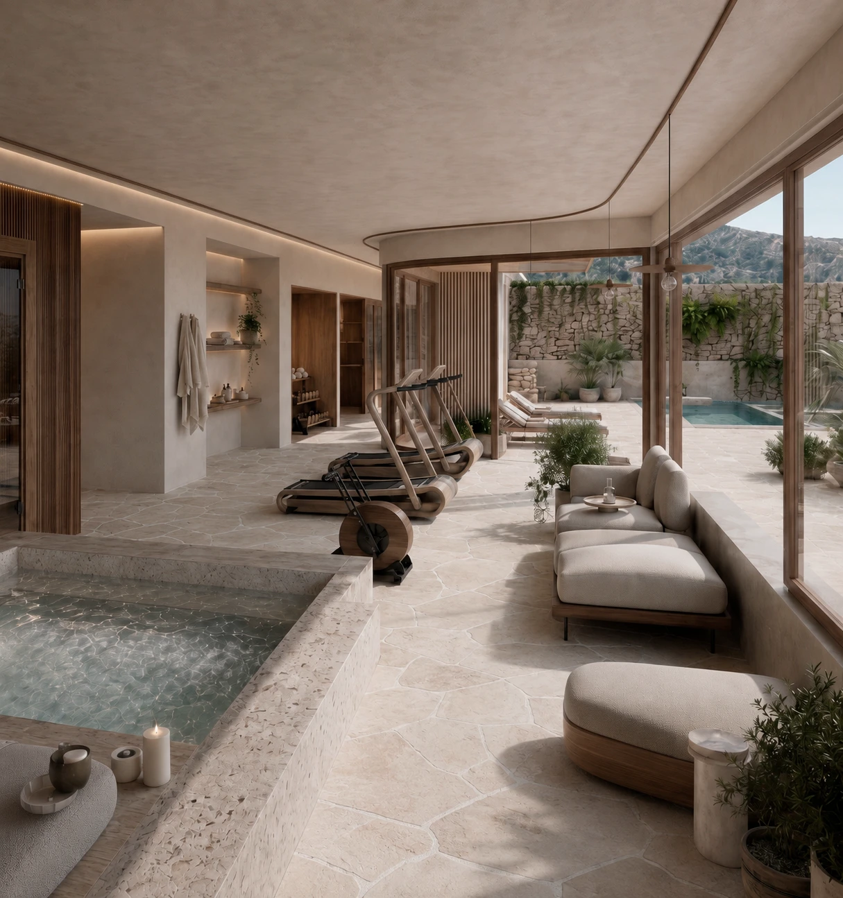 Wellness clubhouse interior at Salt d’Aigua by COMETA Architects, featuring an indoor spa pool, timber fitness equipment, lounge seating and views towards a private Mediterranean courtyard in Port d’Andratx, Mallorca.