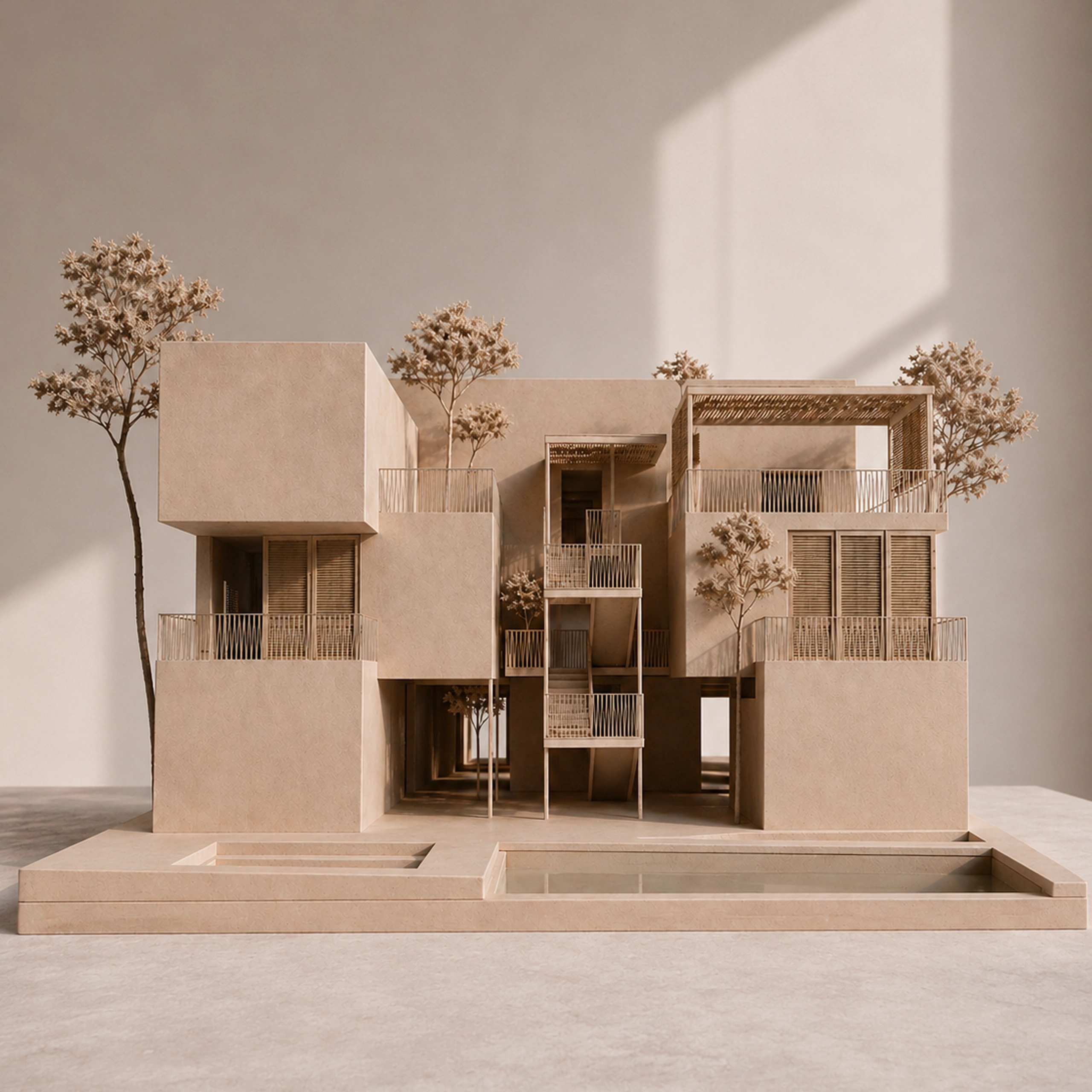 Architectural façade model of Sa Capçada in Mallorca showing duplex homes, terraces, external stairs, pool areas and pine trees within a Mediterranean residential cluster.