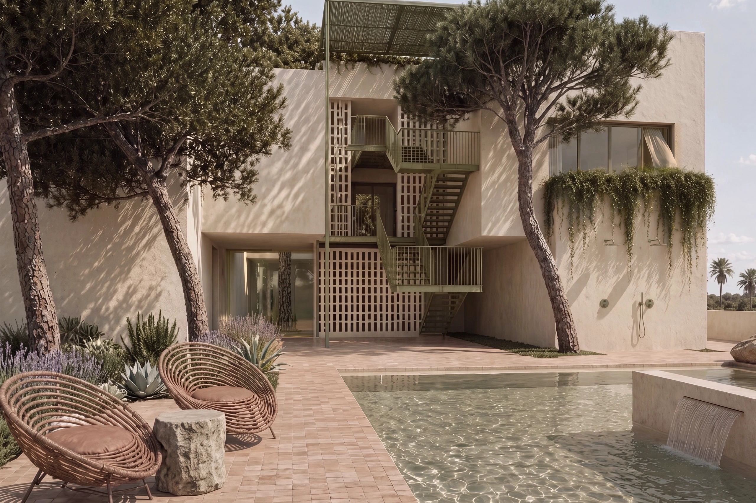 Exterior view of Sa Capçada in Mallorca showing a swimming pool, pine trees, Mediterranean façade, terracotta paving, pergola shade and outdoor seating.