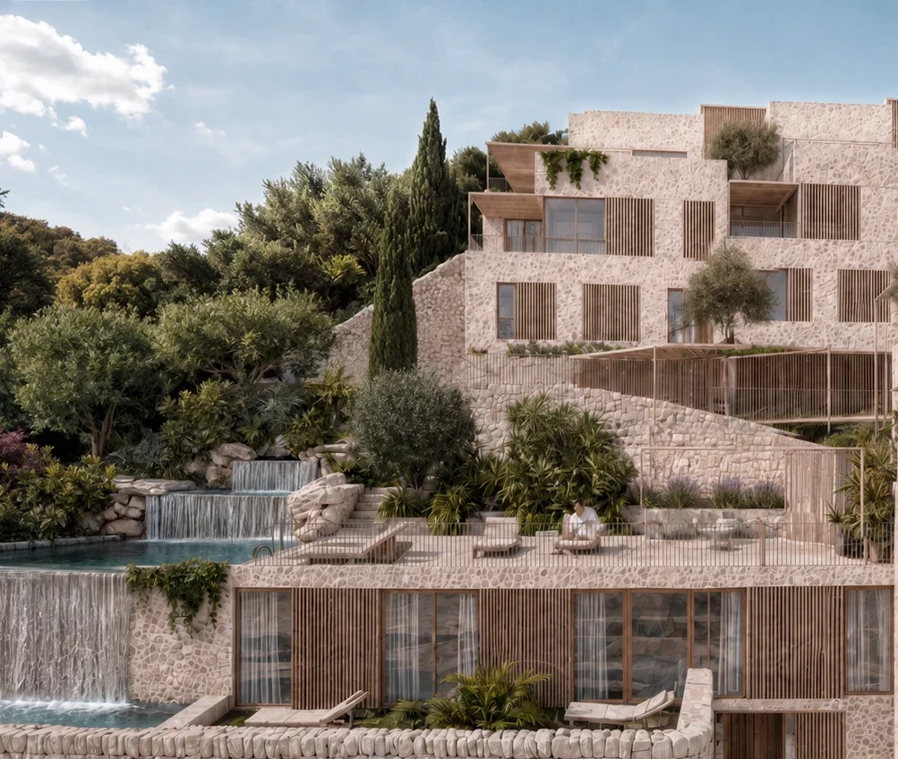 Front view of Salt d’Aigua by COMETA Architects, showing stepped stone villas, timber shutters, cascading pools and Mediterranean landscaping on a hillside in Port d’Andratx, Mallorca.