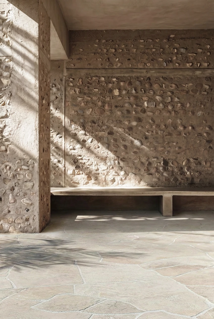 Interior detail at Salt d’Aigua by COMETA Architects, featuring exposed local stone walls, a built-in concrete bench, irregular pale stone flooring and filtered Mediterranean sunlight.