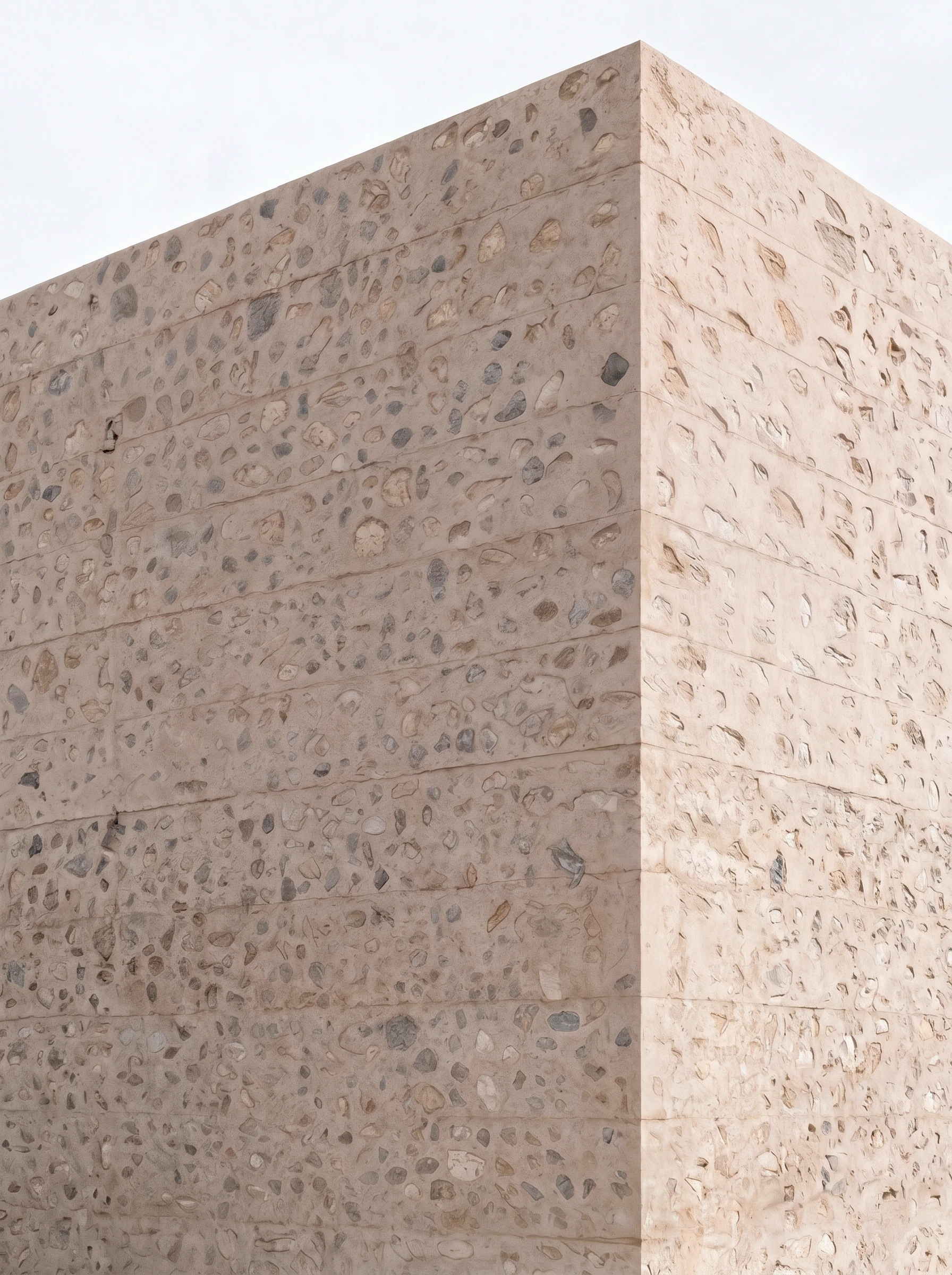 Close-up of the Salt d’Aigua façade by COMETA Architects, formed with warm concrete and exposed fragments of reused local stone from the Port d’Andratx site in Mallorca.