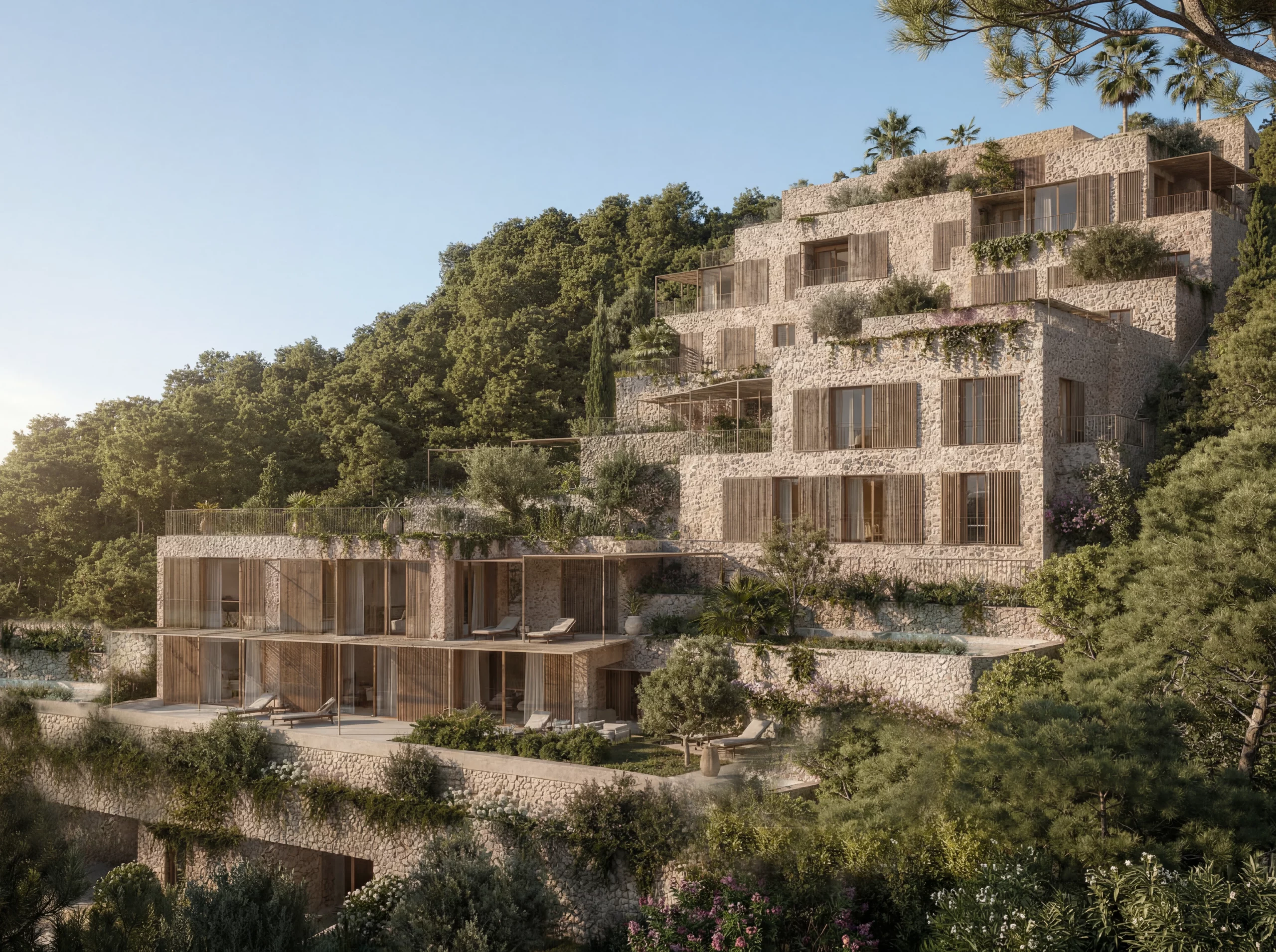 Exterior view of Salt d’Aigua by COMETA Architects, showing stepped stone villas, timber shutters, planted terraces and private outdoor spaces integrated into a wooded hillside in Port d’Andratx, Mallorca.