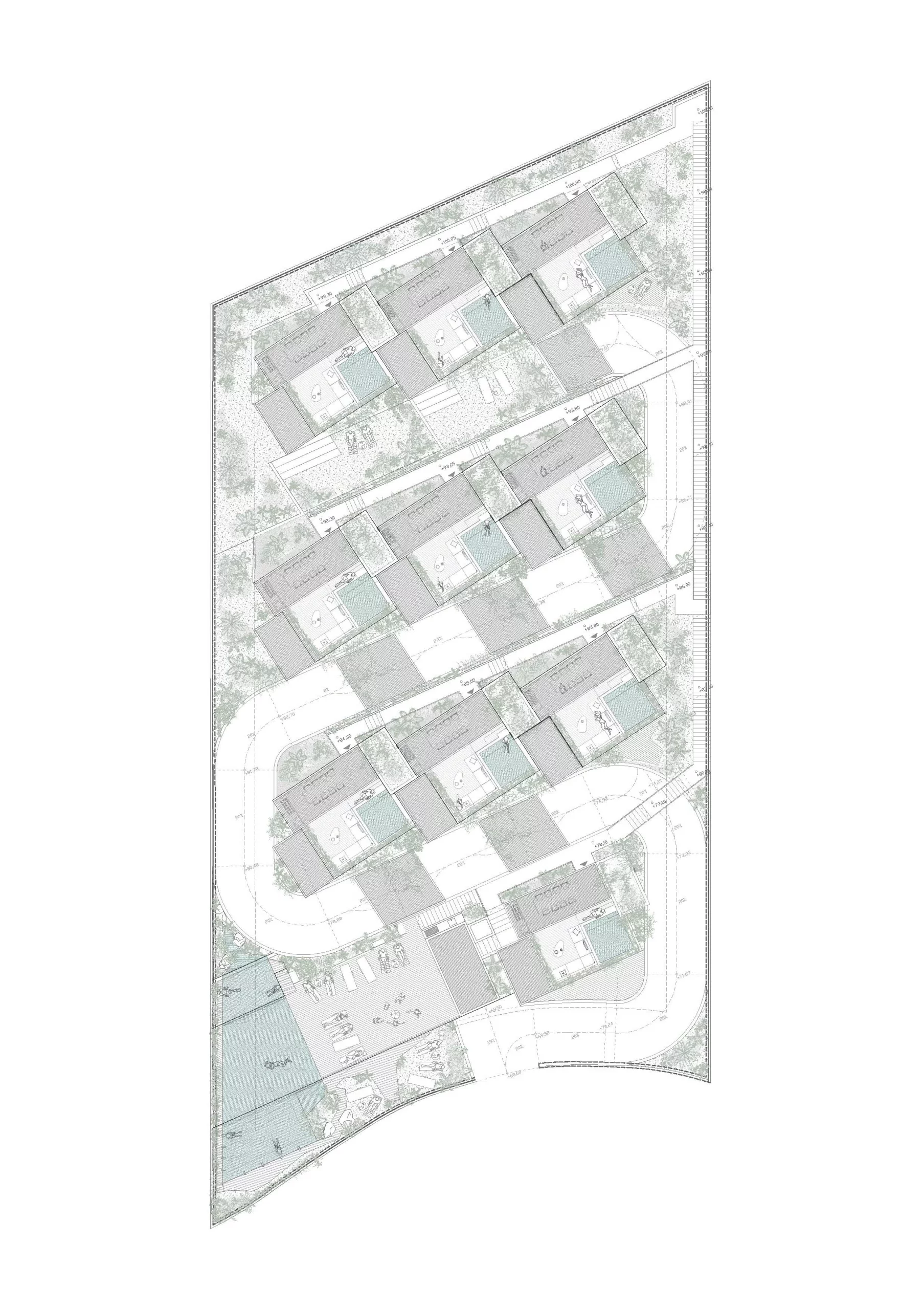 Site plan of Salt d’Aigua by COMETA Architects, showing ten independent duplex villas, private pools, landscaped terraces, internal access roads and the shared clubhouse in Port d’Andratx, Mallorca.