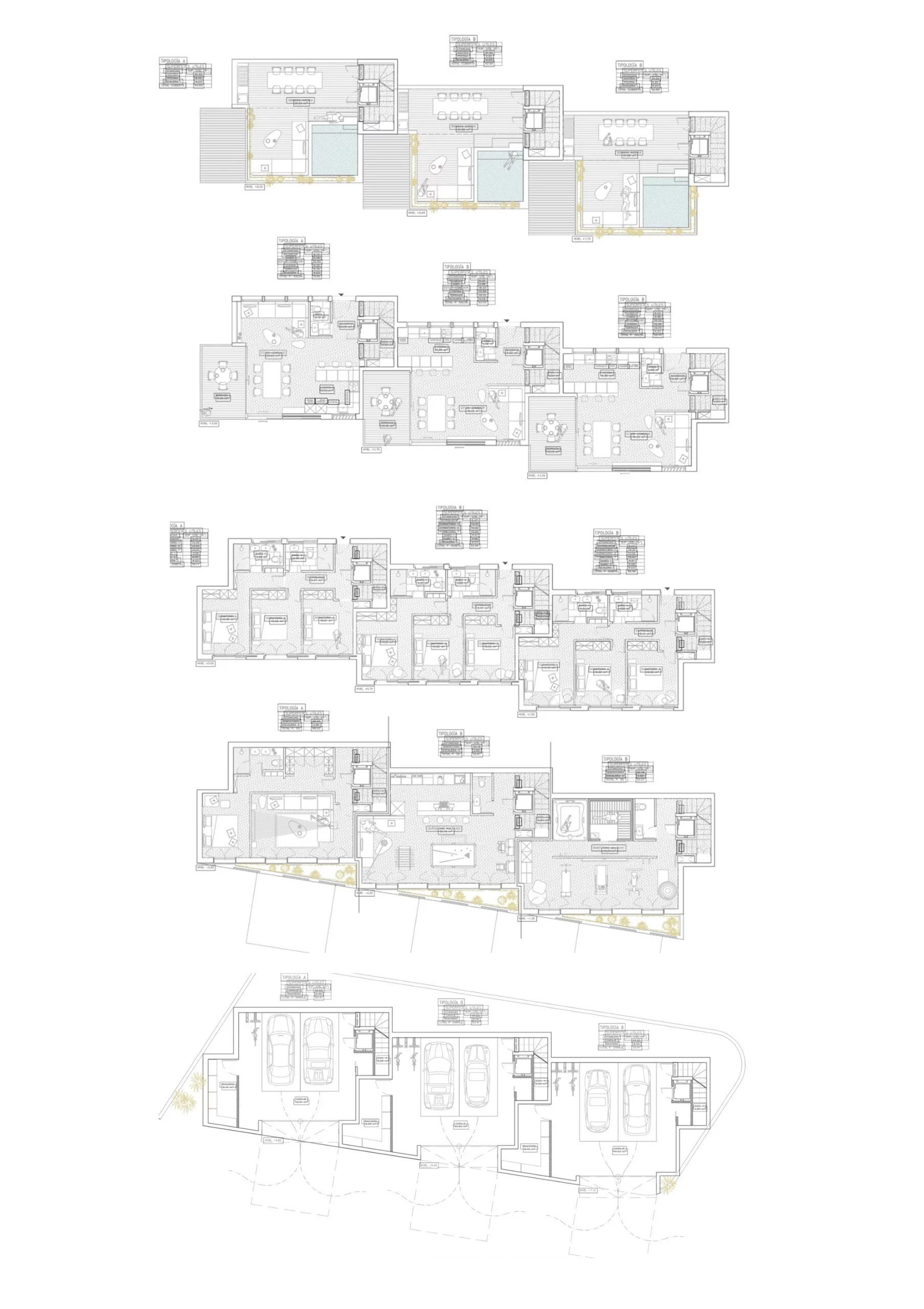 Architectural floor plans of Salt d’Aigua by COMETA Architects, showing the duplex villa typologies, private pools, living areas, bedrooms, shared clubhouse spaces and covered parking in Port d’Andratx, Mallorca.