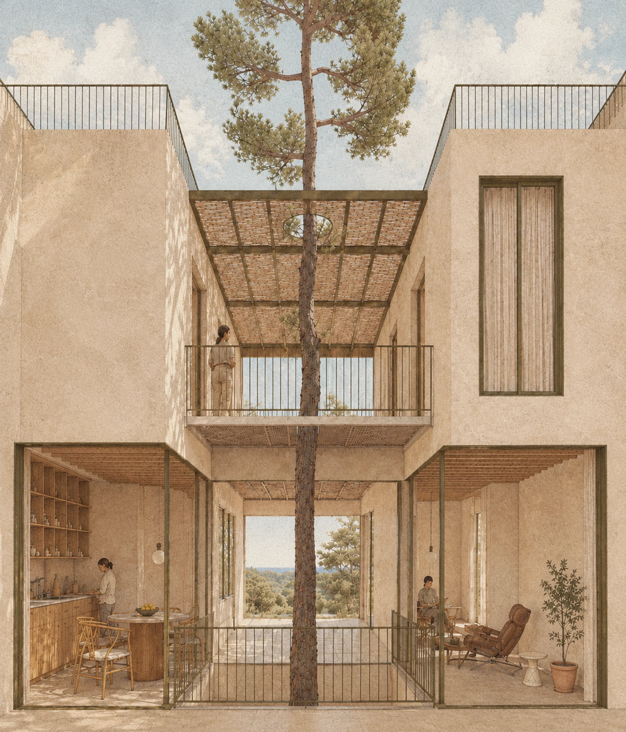 Conceptual view of Sa Capçada in Mallorca showing a duplex home arranged around an existing pine tree, with patios, balconies, pergolas, kitchen and living spaces.