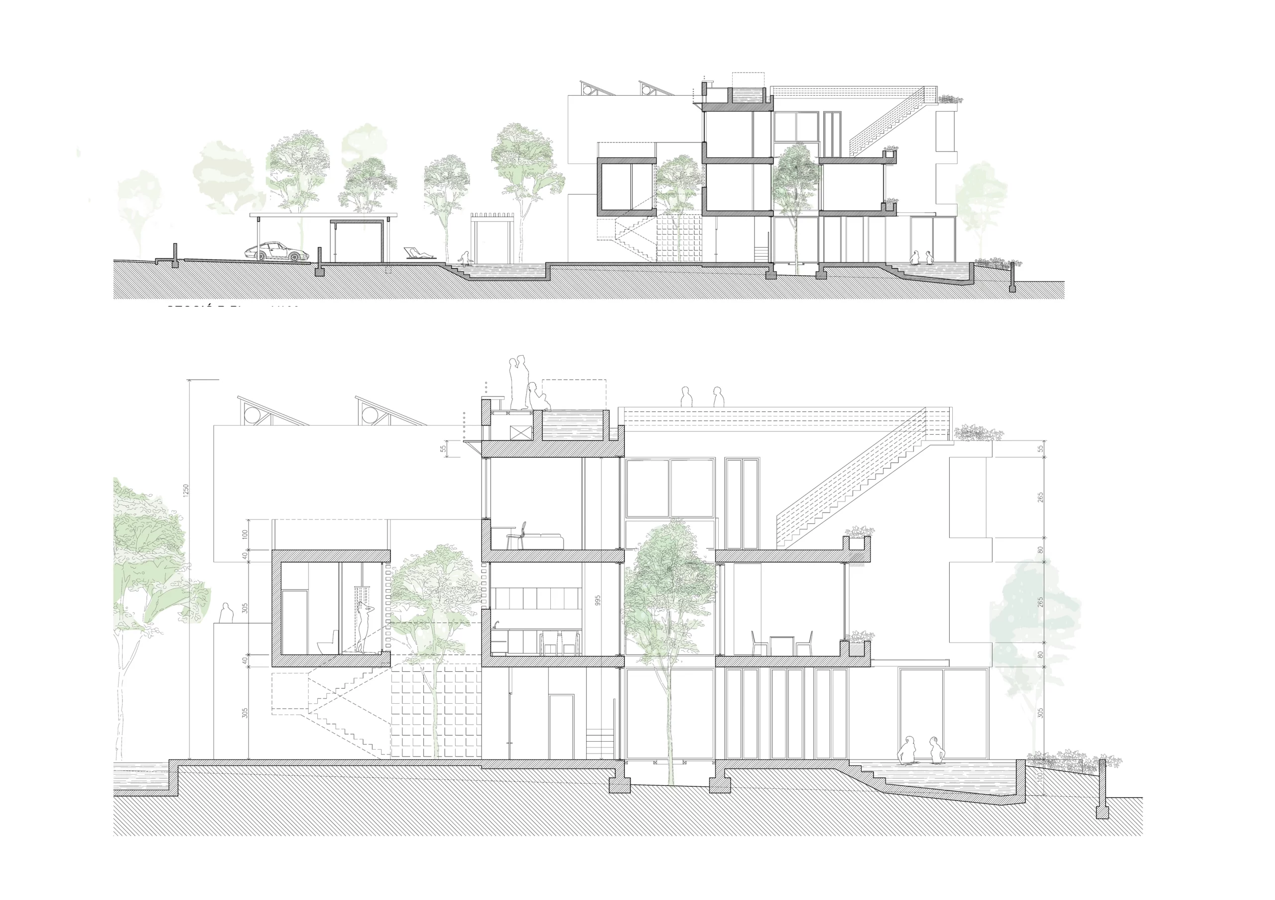 Architectural section of Sa Capçada in Mallorca showing duplex homes, patios, terraces, trees, pool areas and shaded outdoor spaces arranged around existing pine trees.